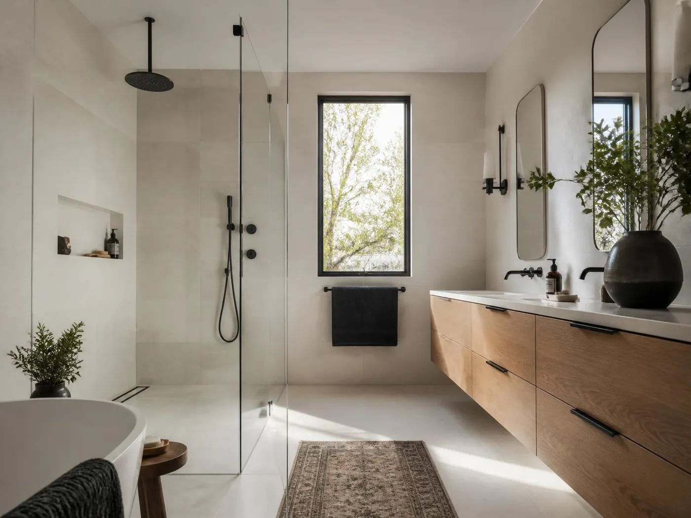 Modern bathroom remodel with frameless glass walk-in shower and floating oak vanity